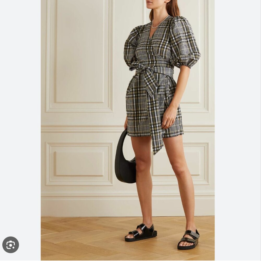 GANNI Checked cotton-blend seersucker mini wrap dress